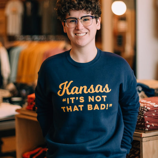 Kansas "It's Not that Bad!" Navy/Gold Crewneck Sweatshirt