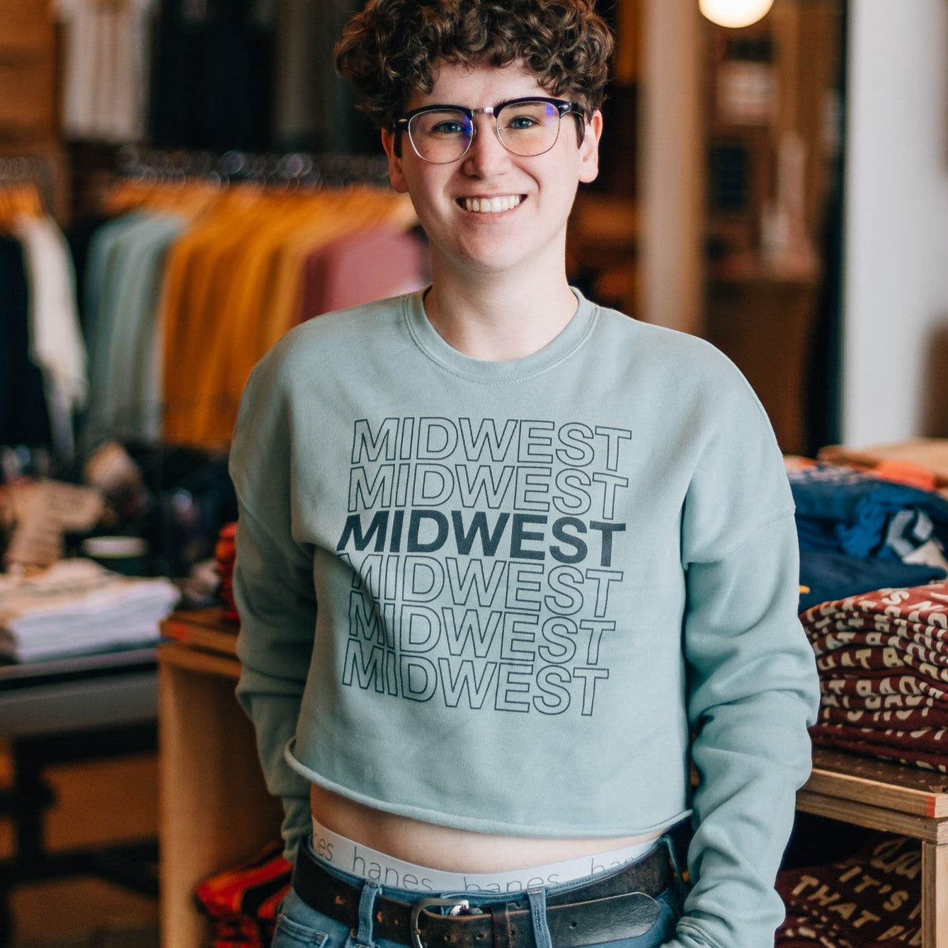 Midwest Stacked CROP Crewneck Teal