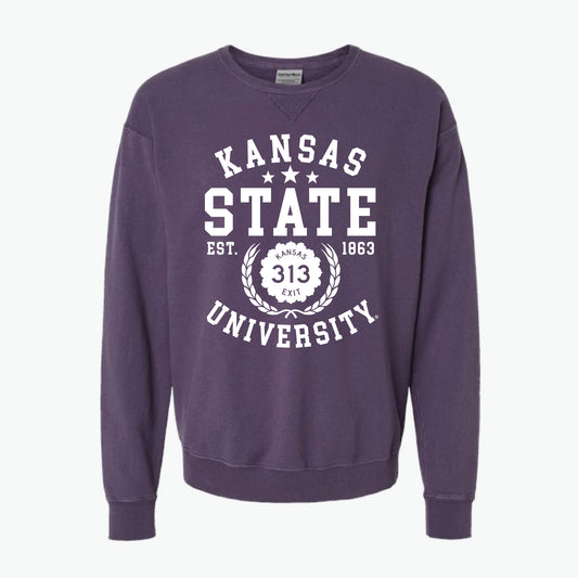 Kansas State Exit 313 Athletic Grape/White Crewneck Sweatshirt
