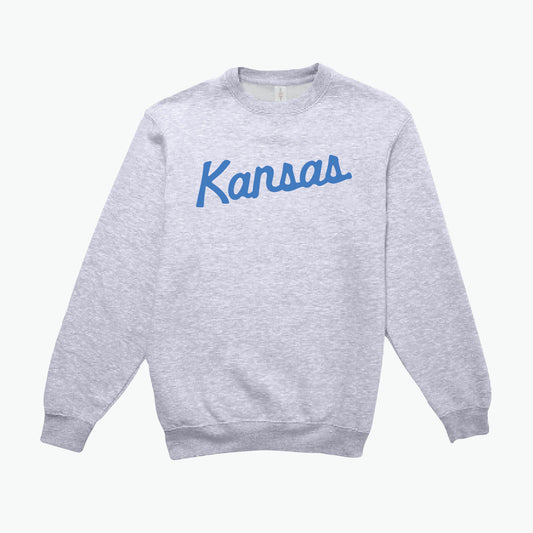 Kansas Script Athletic Heather/Blue Crewneck Sweatshirt