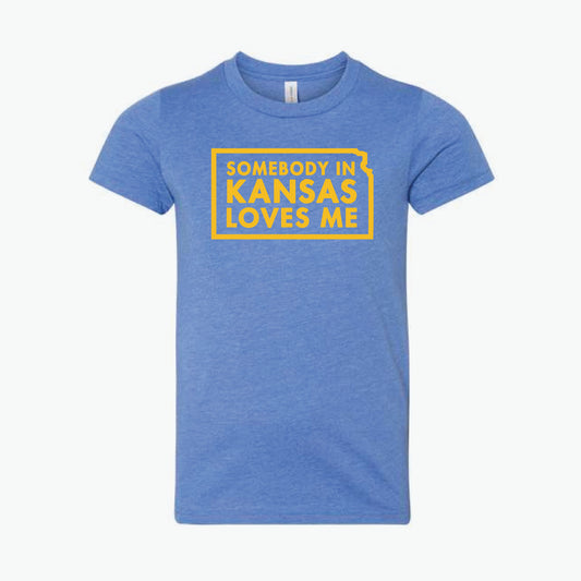 Somebody in Kansas Loves Me Blue/Gold Youth Tee