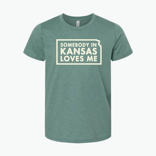 Somebody in Kansas Loves Me Dusty Blue/Cream Youth Tee